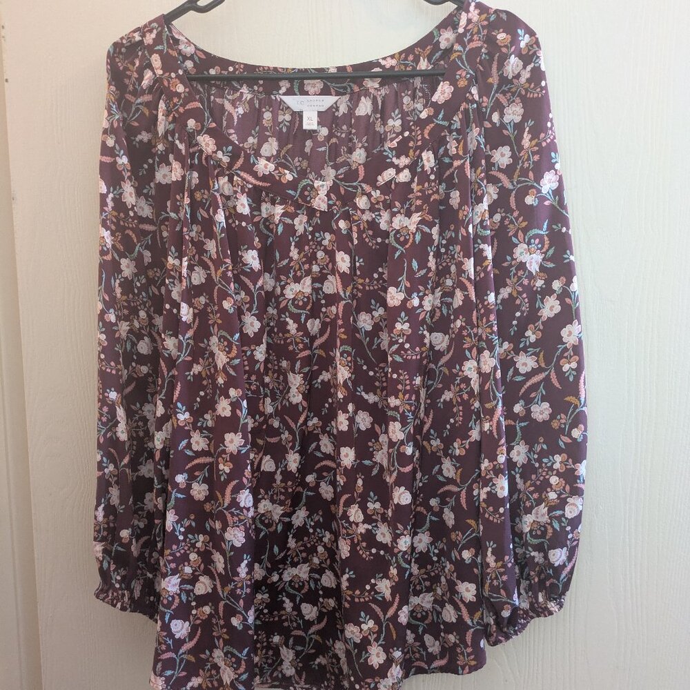 LC Lauren Conrad Women's Maroon Boho Floral V-Neck Blouse Size XL